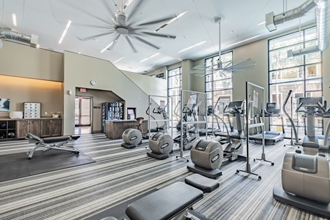 A gym with a variety of equipment including treadmills, weights, and a fan.
