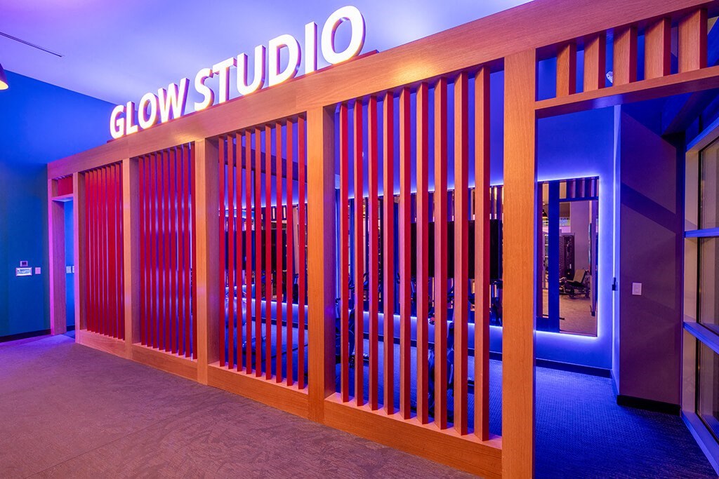 Fitness Empower Glow Studio Pink Purple at Chroma Apartment Homes in Canoga Park CA