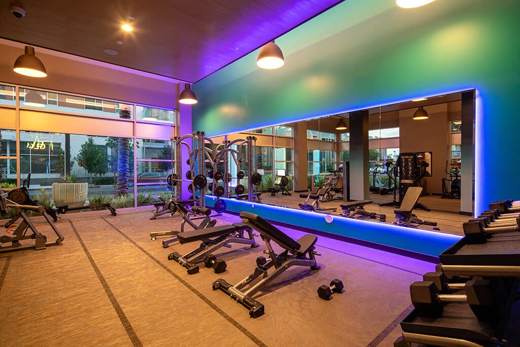 Fitness Empower Weight Area with Lights at Chroma Apartment Homes in Canoga Park CA