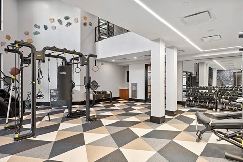 Fitness center two stories at Belhaven Apartments in Alexandria VA