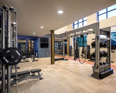 Fitness center weights at 333 Ellington Apartments in Gaithersburg MD