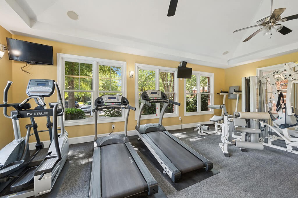 Fitness center treadmills at Falls Pointe at the Park Apartments in Durham NC