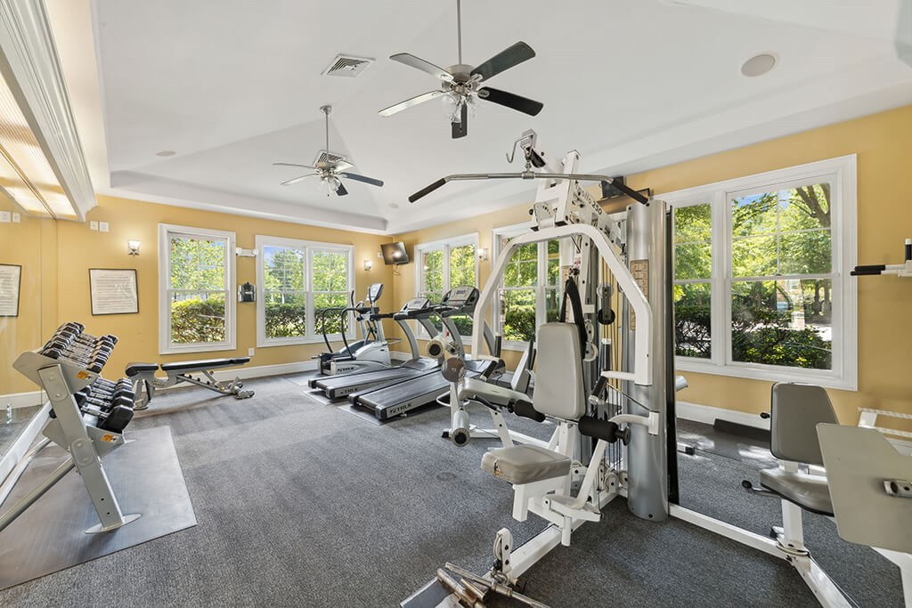 Fitness center at Falls Pointe at the Park Apartments in Durham NC
