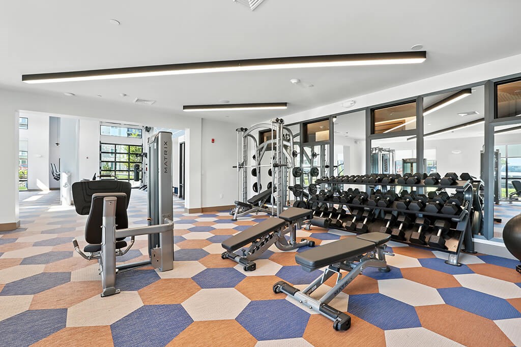Fitness center free weights at Station 316 Apartments in Woburn MA