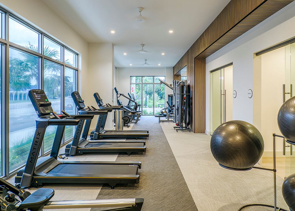Fitness center with treadmills at Treo Apartments in Fort Lauderdale FL