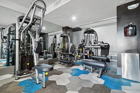 Fitness center weights at Axis Admiral Hill Apartments in Chelsea MA