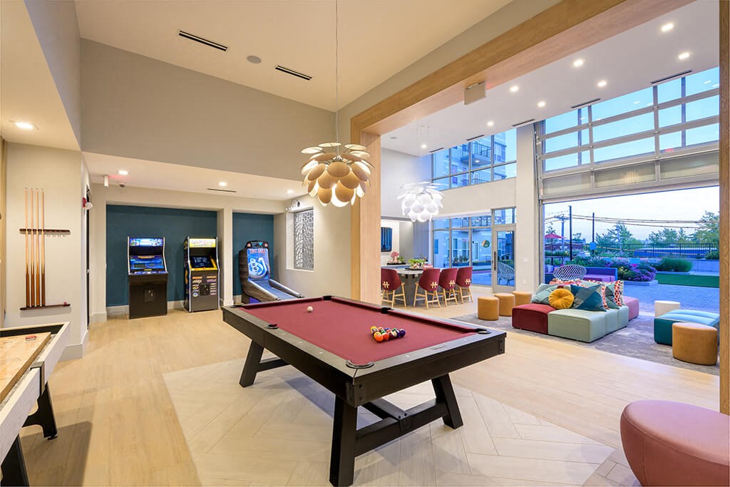 a large room with a ping pong table