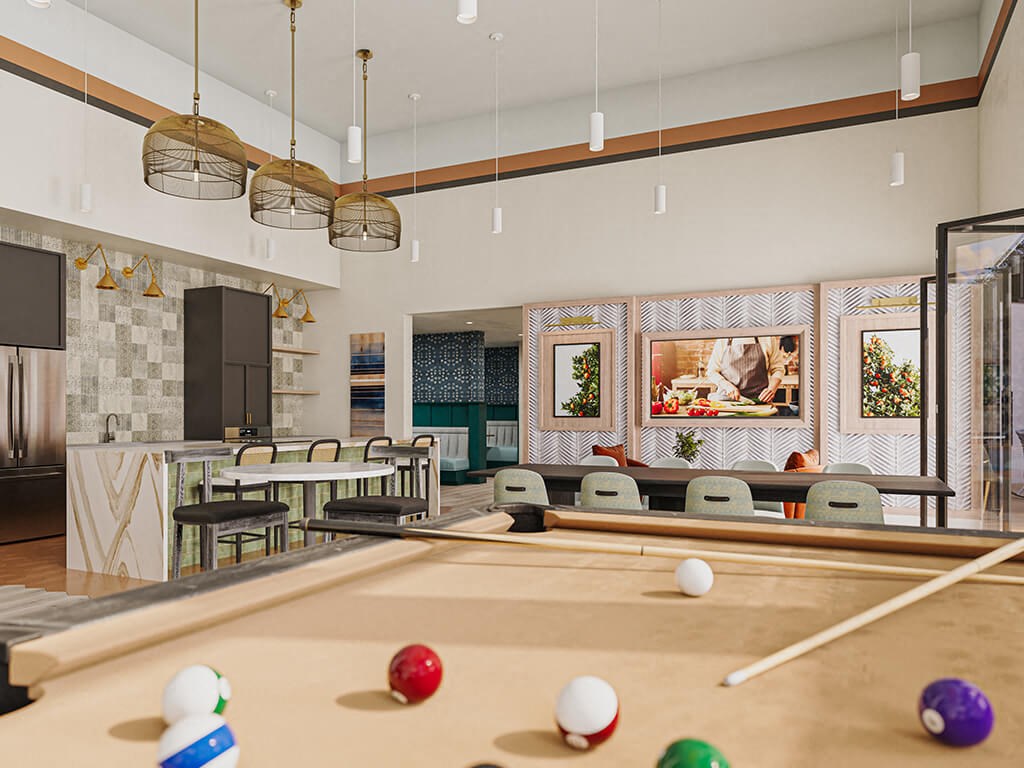 Game room with billiards at West Village Poway Apartments in Poway CA