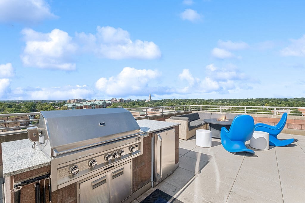 a barbecue grill on a roof with a view of the city