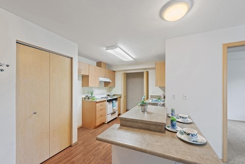a kitchen with a counter top and a sink