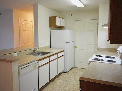a kitchen with a stove and a sink and a refrigerator