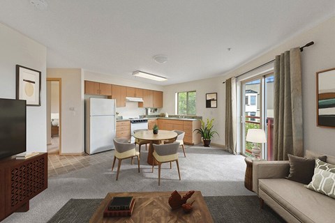 A modern living room with a television, couch, and dining table.