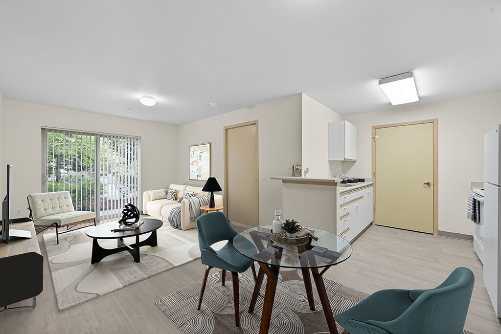 Kitchen and living room at Alderwood Court in Lynnwood WA