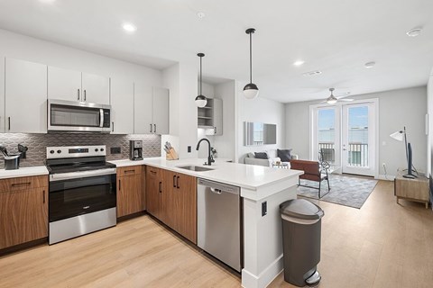 Open floor plan living room at The Sevens in Dallas TX