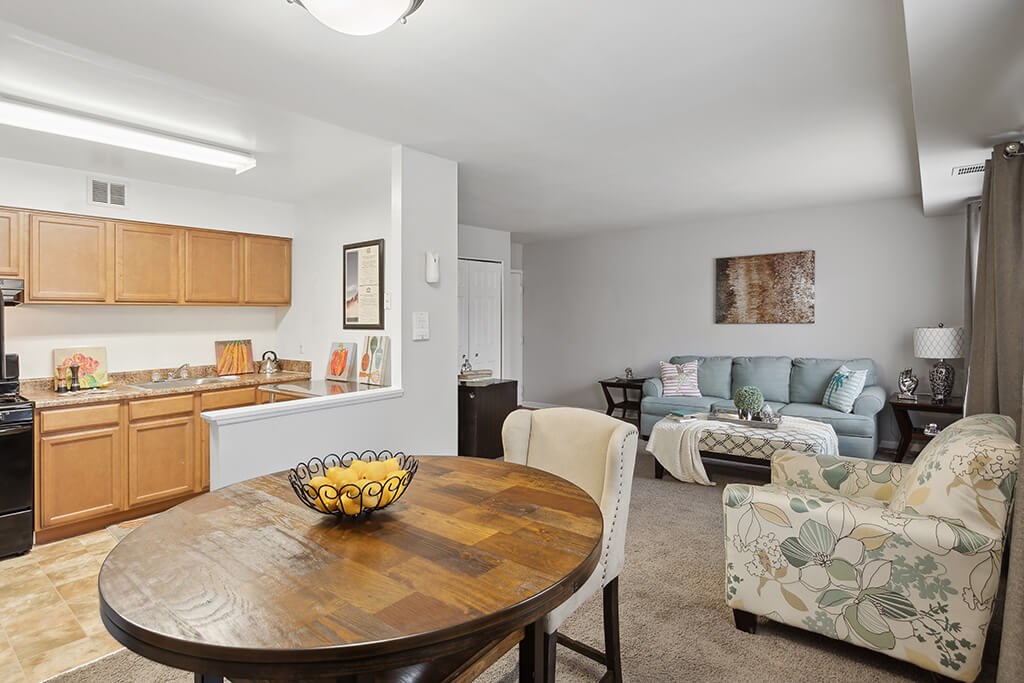 Kitchen and living room at Villages at Marley Station in Glen Burnie MD