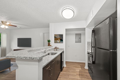 A kitchen with a black refrigerator and a marble countertop.