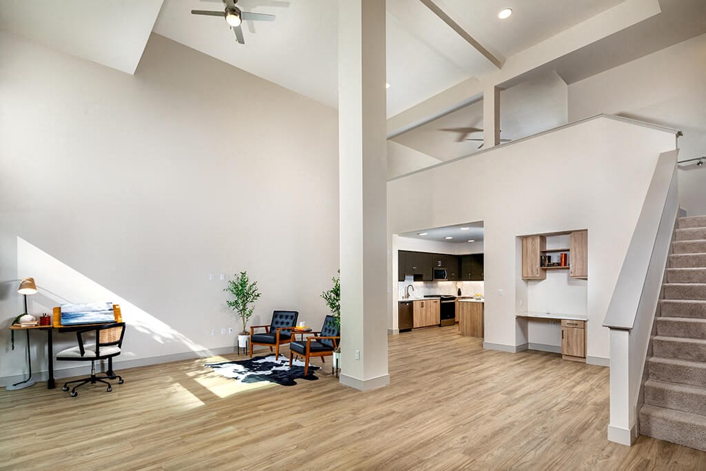 Living Room and Kitchen at Chroma Apartment Homes in Canoga Park CA