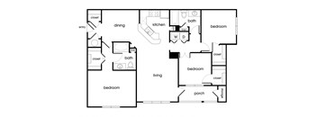 Three bedroom two bathroom floor plan image at Lakeside Vista