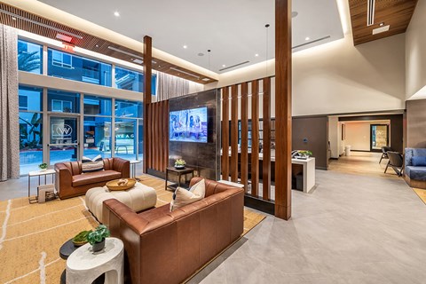 A living room with a brown couch and a television.