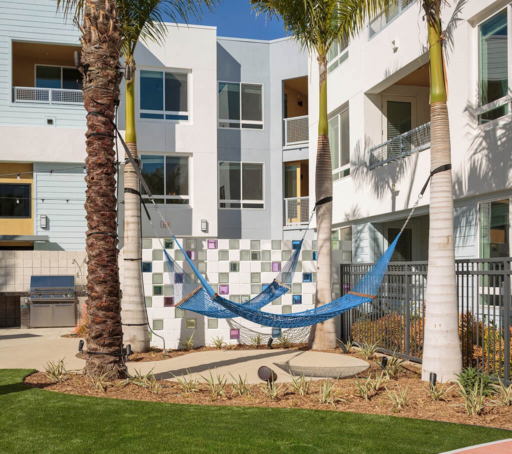 Leisure Pool Hammocks at Bevel Apartments in San Diego CA