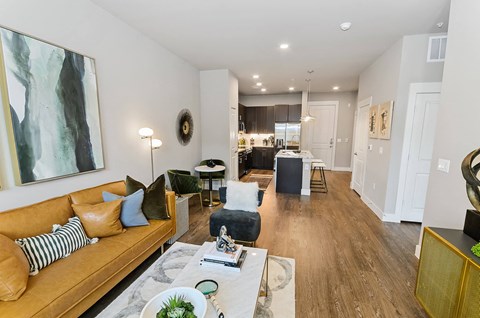Hardwood flooring in living area at Opal Legacy Central in Plano TX
