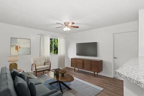 A living room with a grey sofa, a wooden coffee table, a flat screen TV, and a painting on the wall.