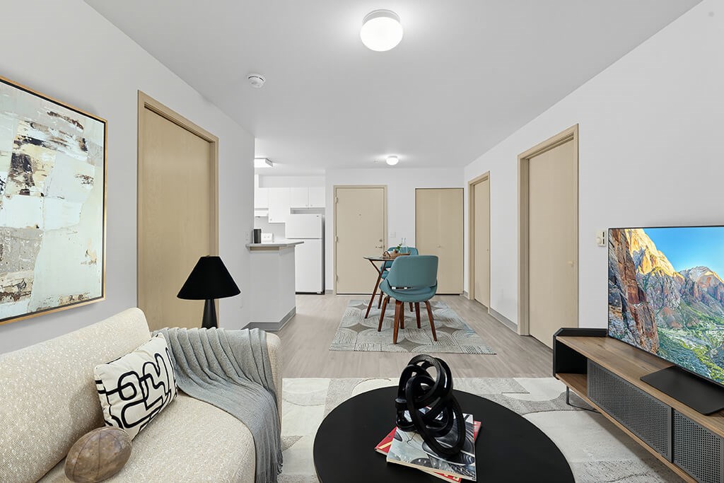 Living room and entrance at Alderwood Court in Lynnwood WA