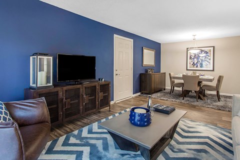 A living room with a brown leather chair and a blue and white rug.