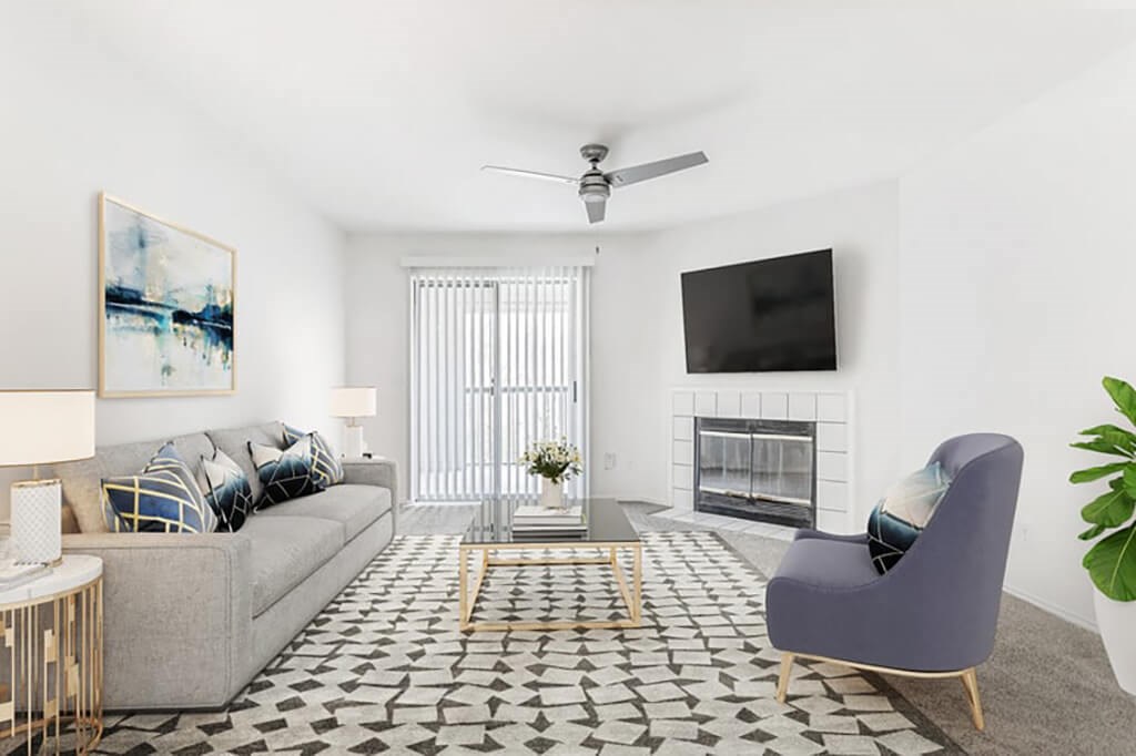 Living room with fireplace at Landmark at Wynton Pointe Apartment Homes in Nashville TN