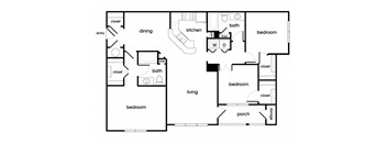 Three bedroom two bathroom floor plan image at Longwood Vista