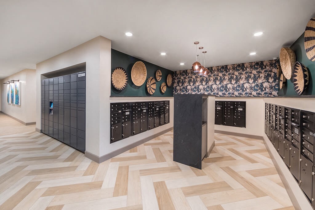 Mail room with package lockers at 1900 Parmer Apartments in Austin TX