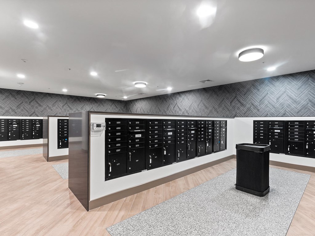 Mail room mailboxes at VERO Apartments in Chelsea MA