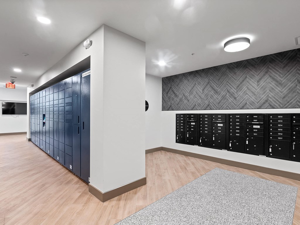 Mail room at VERO Apartments in Chelsea MA