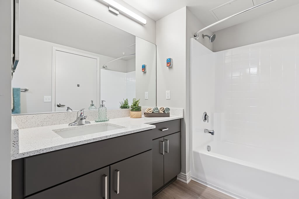 Renovated bathroom at Haven at Del Mar Station in Pasadena CA