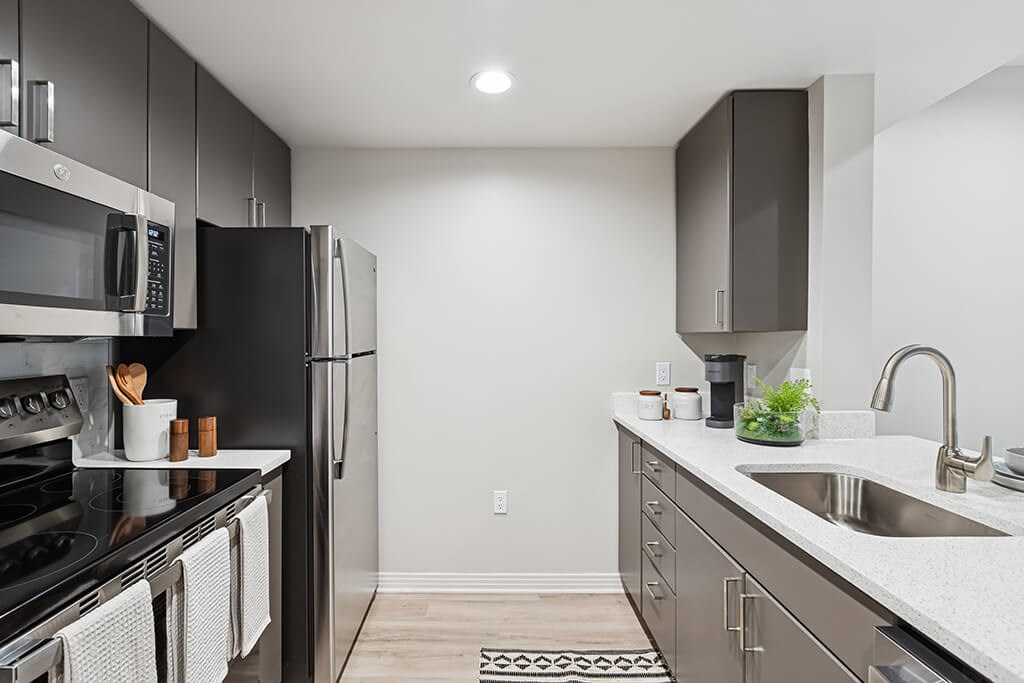 Renovated kitchen at Haven at Del Mar Station in Pasadena CA