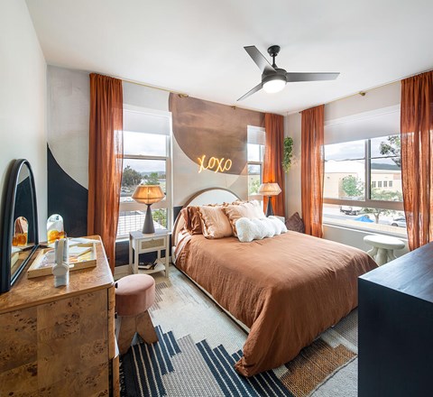 Bedroom with ceiling fan at CALIXA Apartment Homes in Camarillo CA