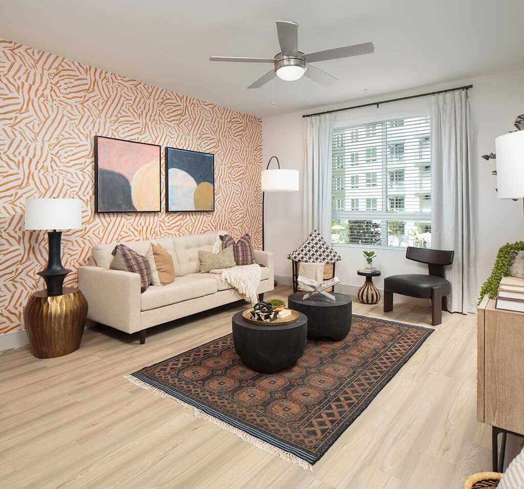 Model Ash Design Package Living Room at The Wylden Apartments in Los Angeles CA