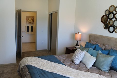 a bedroom with a bed and a closet and a mirror