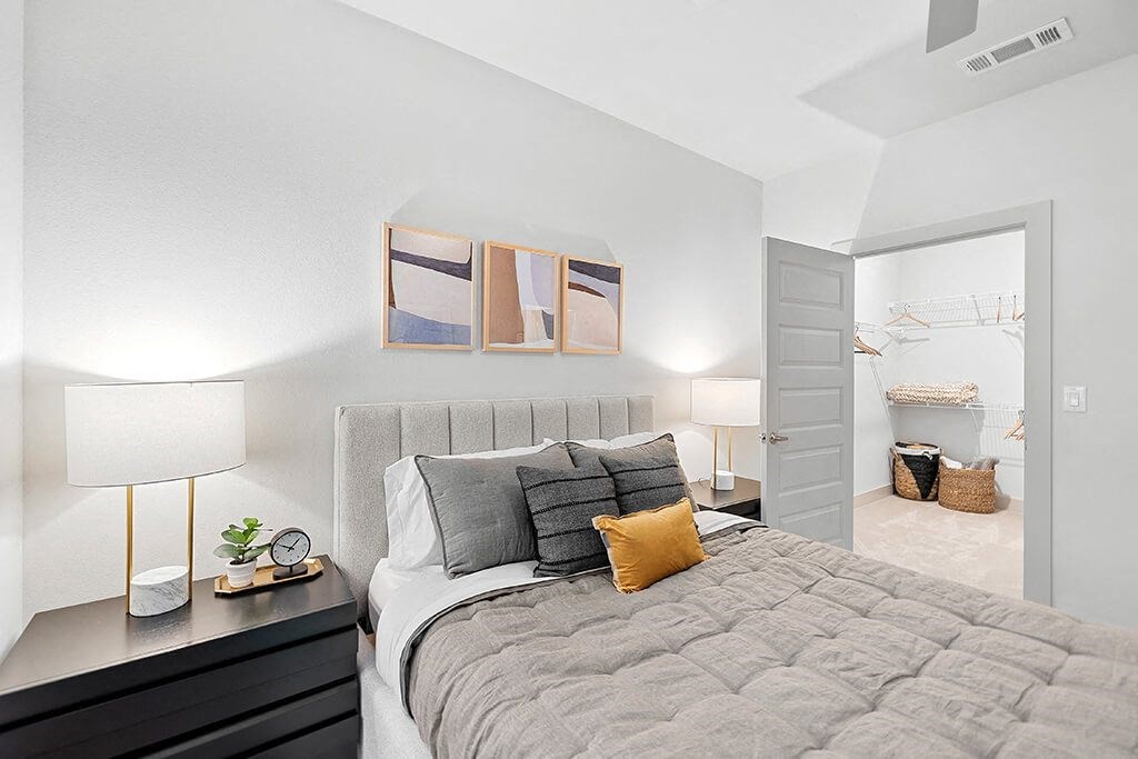 Model Concrete Design Package Bedroom and Closet at East Bend Apartments in Houston TX