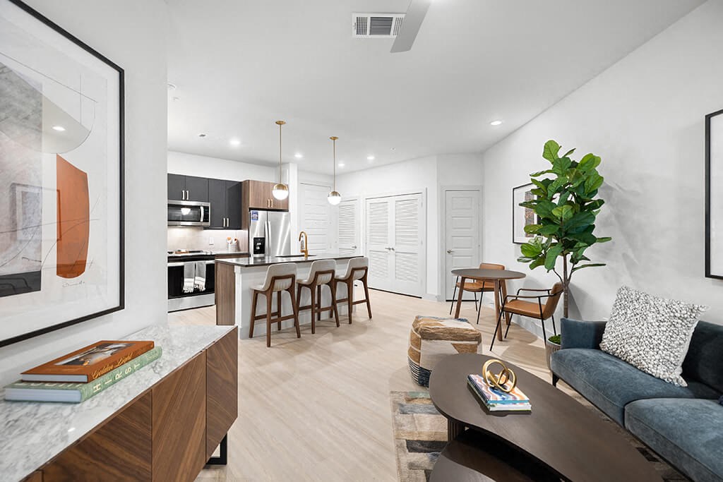 Model Concrete Design Package Living Room and Kitchen at East Bend Apartments in Houston