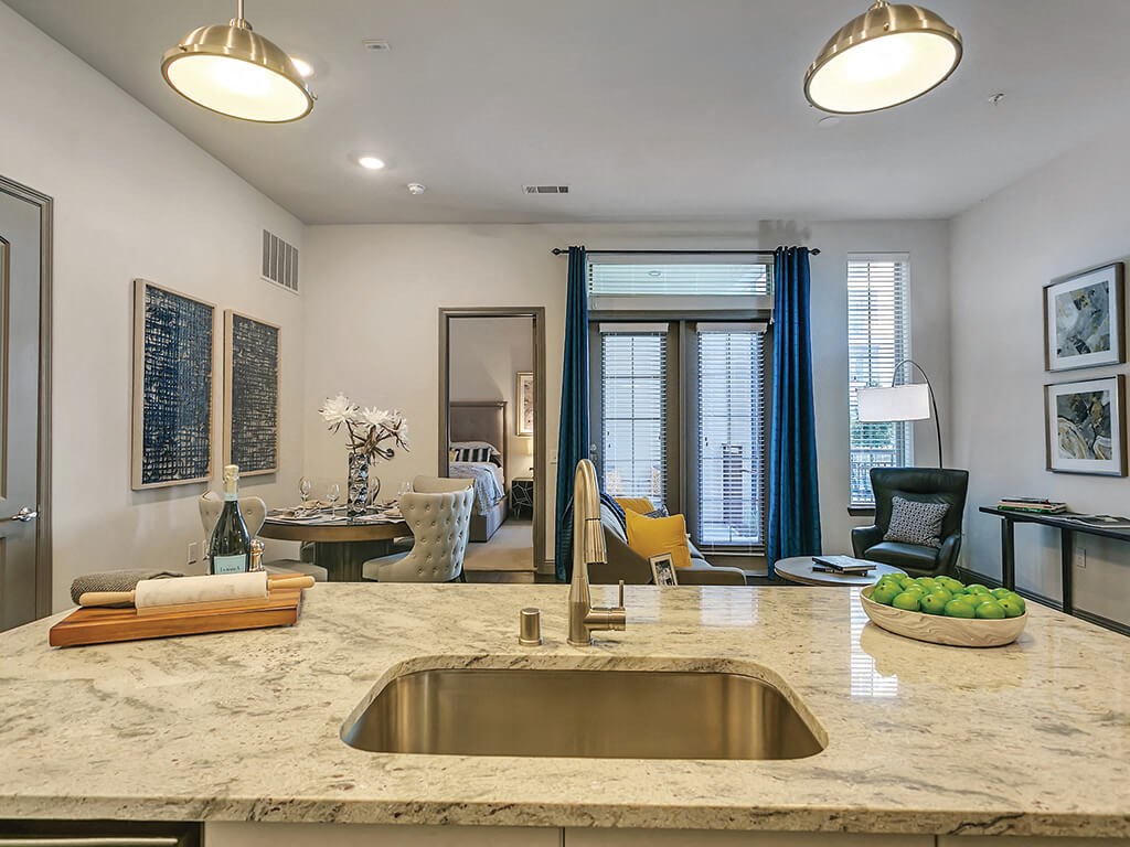 Model Kitchen Island at The Huntington Apartments in Plano TX