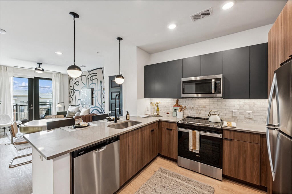 Kitchen with stainless steel appliances at 333 Ellington Apartments in Gaithersburg MD