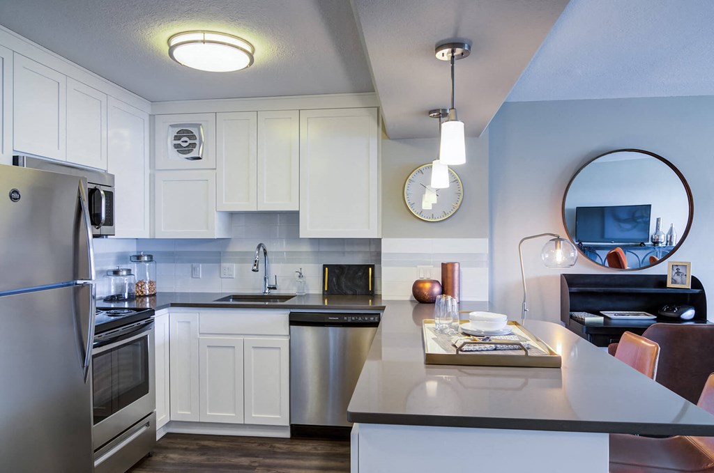 Kitchen countertops at 735 St Clair Apartments in Portland OR