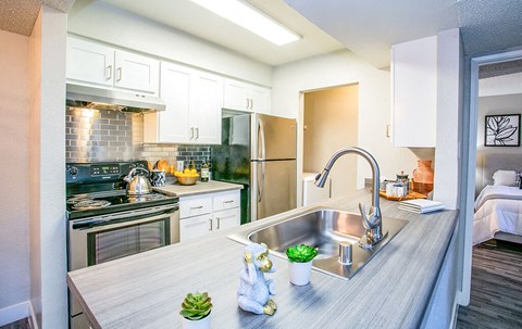a kitchen with stainless steel appliances and a sink