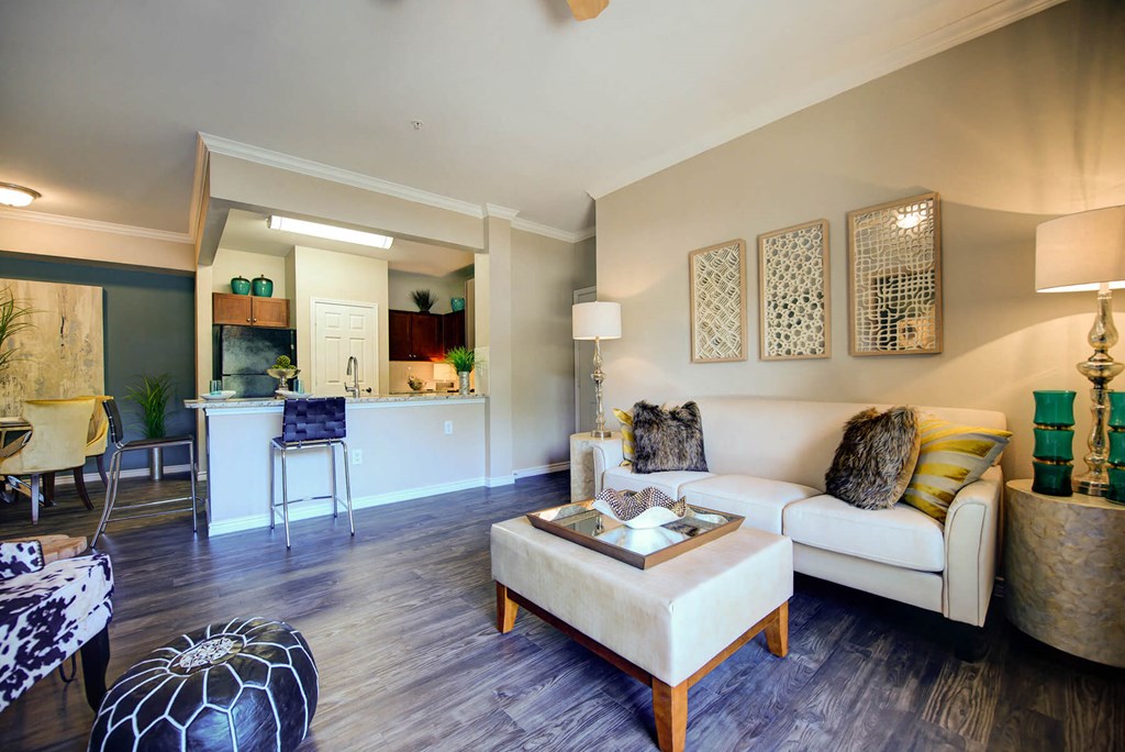 Model Living Room and Kitchen at Callista Hill Country Apartments in Austin TX