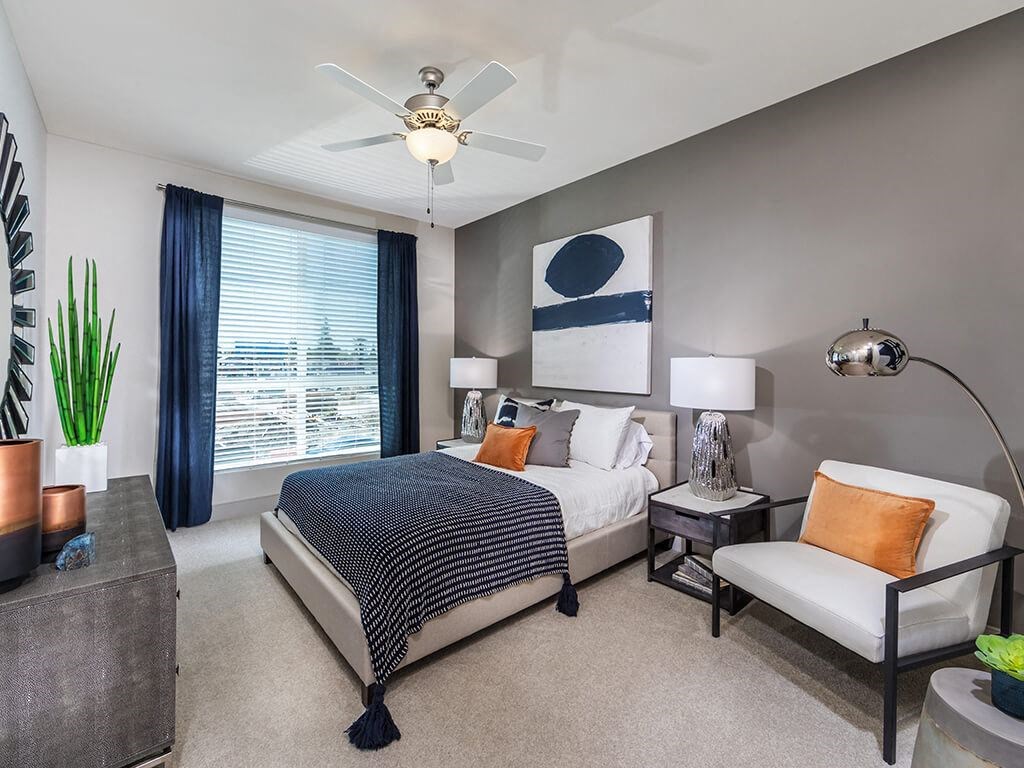 Primary bedroom with ceiling fan at 808 West in San Jose CA