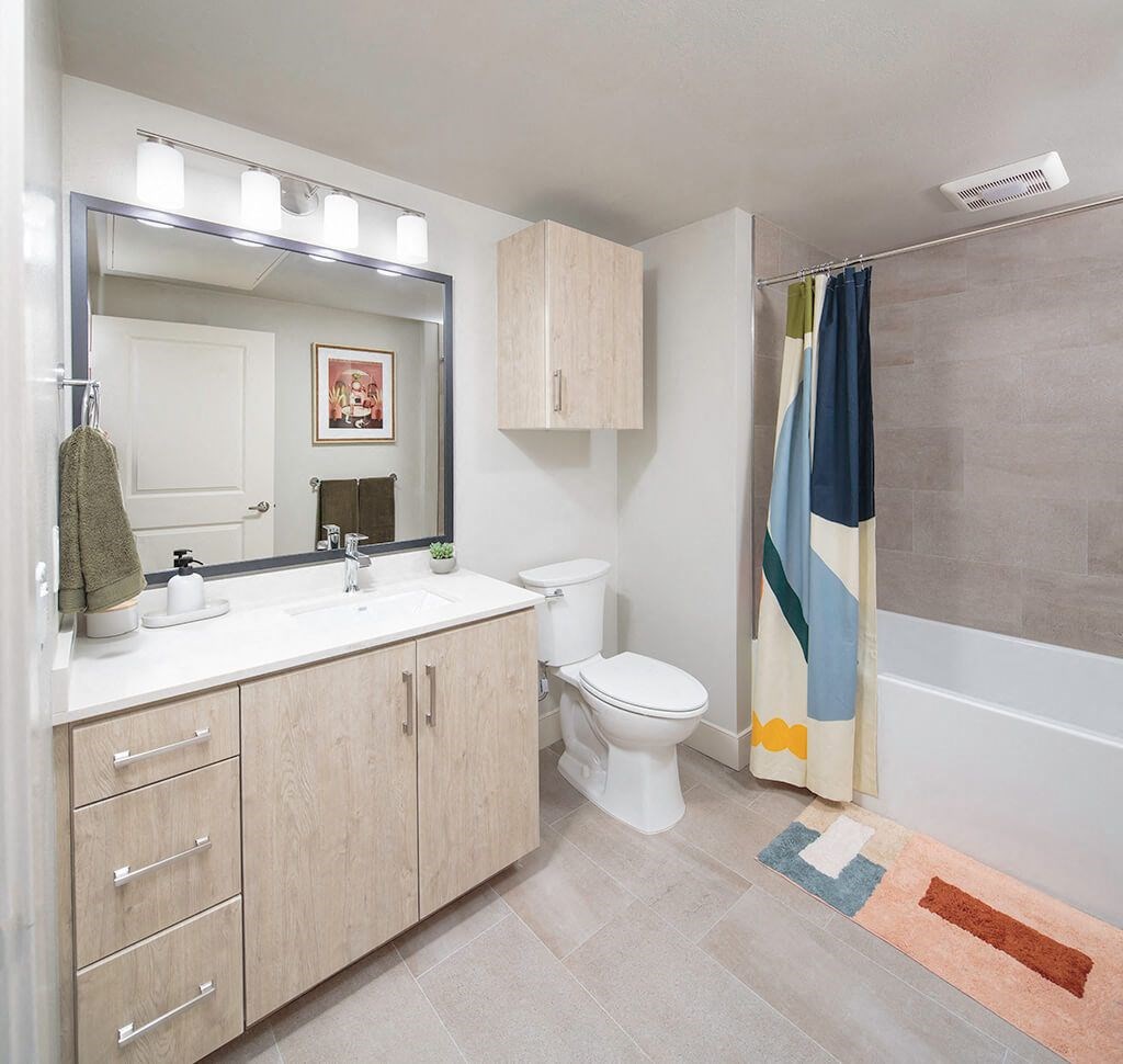 Model Onyx Design Package Bathroom at Bevel Apartments in San Diego CA