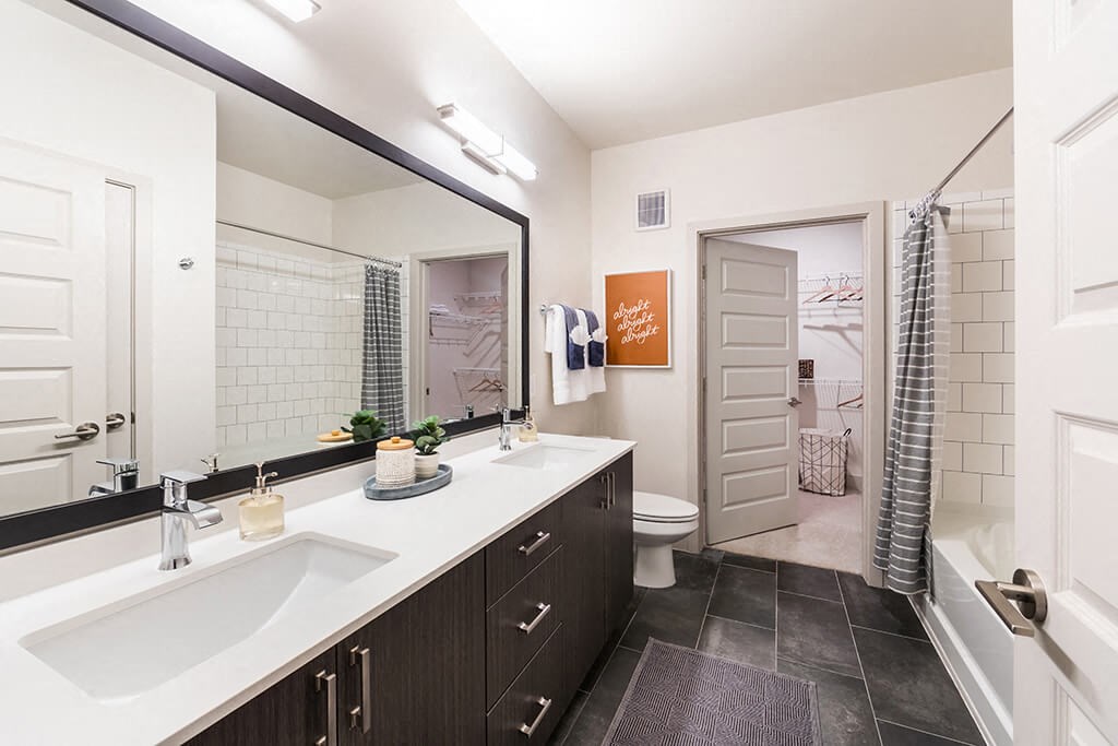 a bathroom with a large mirror and a toilet