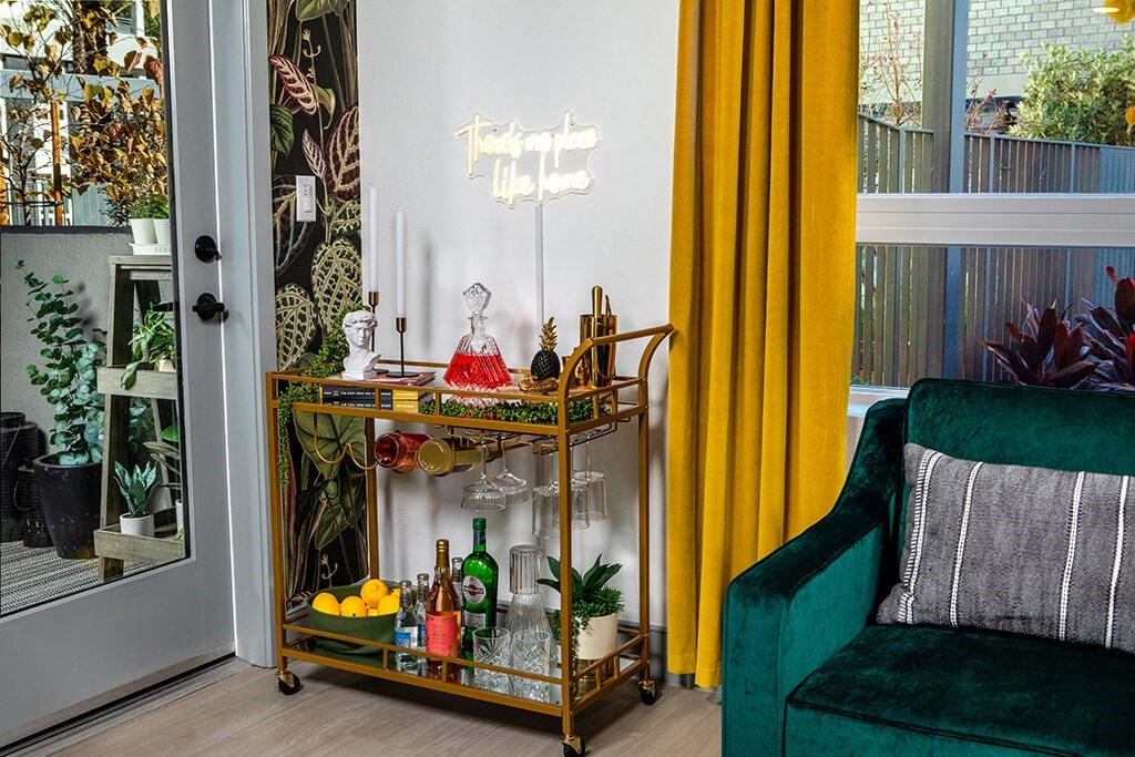 Model Pewter Bar Cart at Chroma Apartment Homes in Canoga Park CA