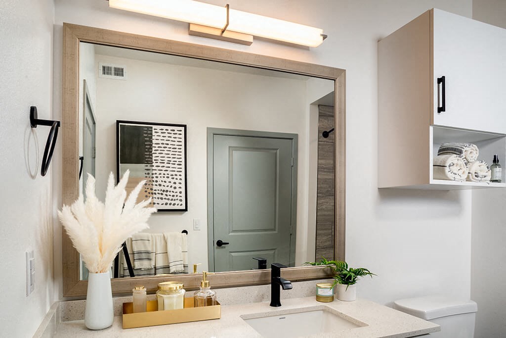 Model Pewter Bathroom Mirror at Chroma Apartment Homes in Canoga Park CA